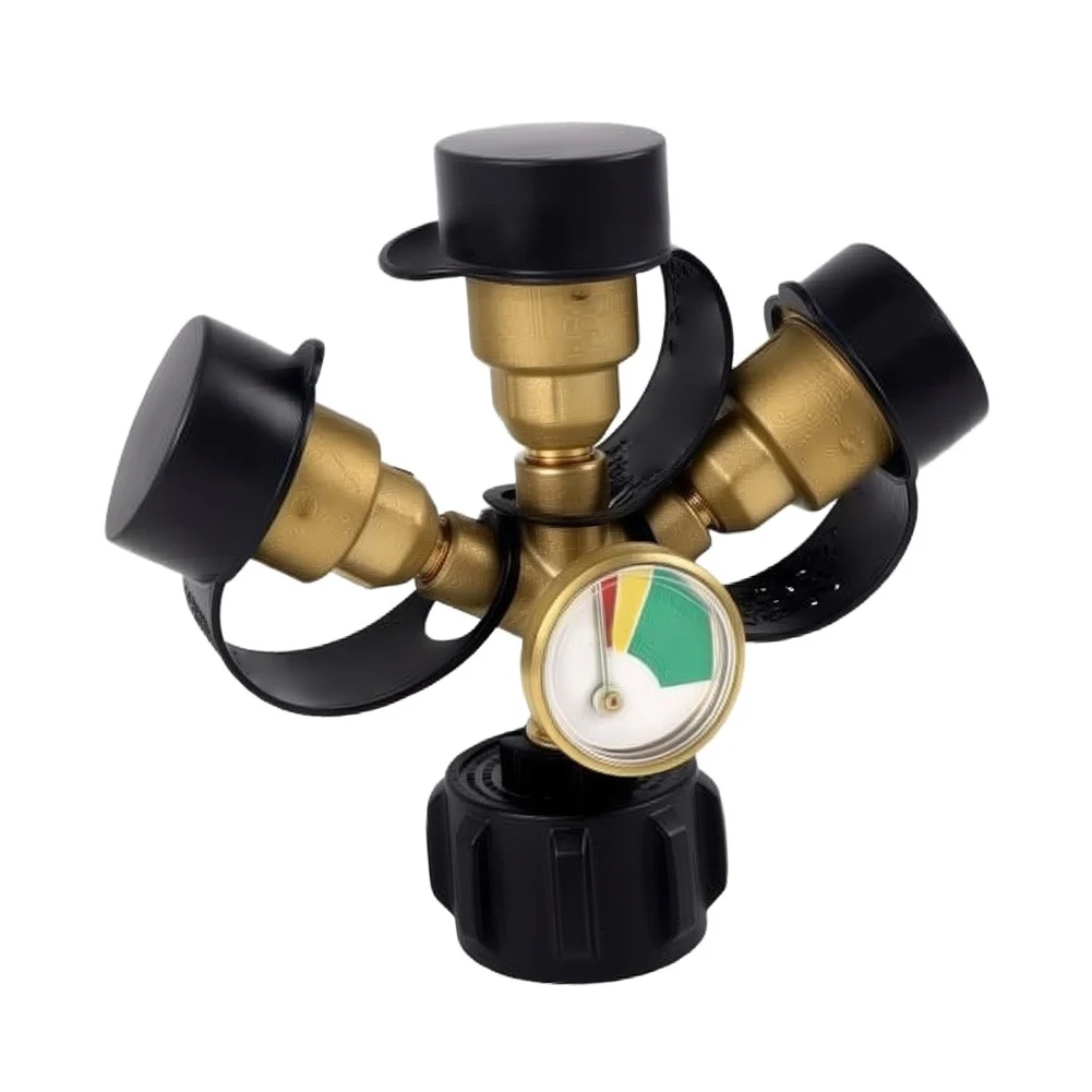 3 Outlet Propane Splitter with Real Time Pressure Monitoring Gauge and Automatic Seal Valves for RV For BBQ Outdoor Setup