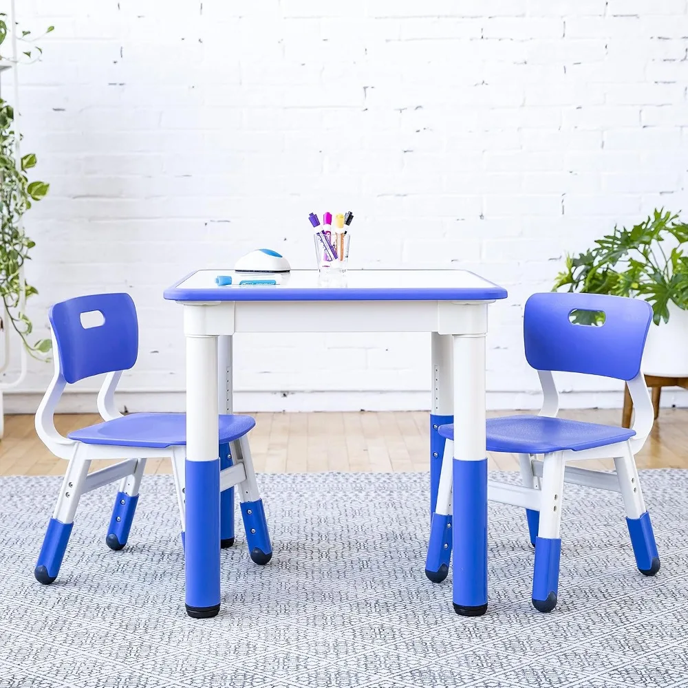 Adjustable Blue Dry-Erase Square Table Set with 2 Chairs for Kids' Activities