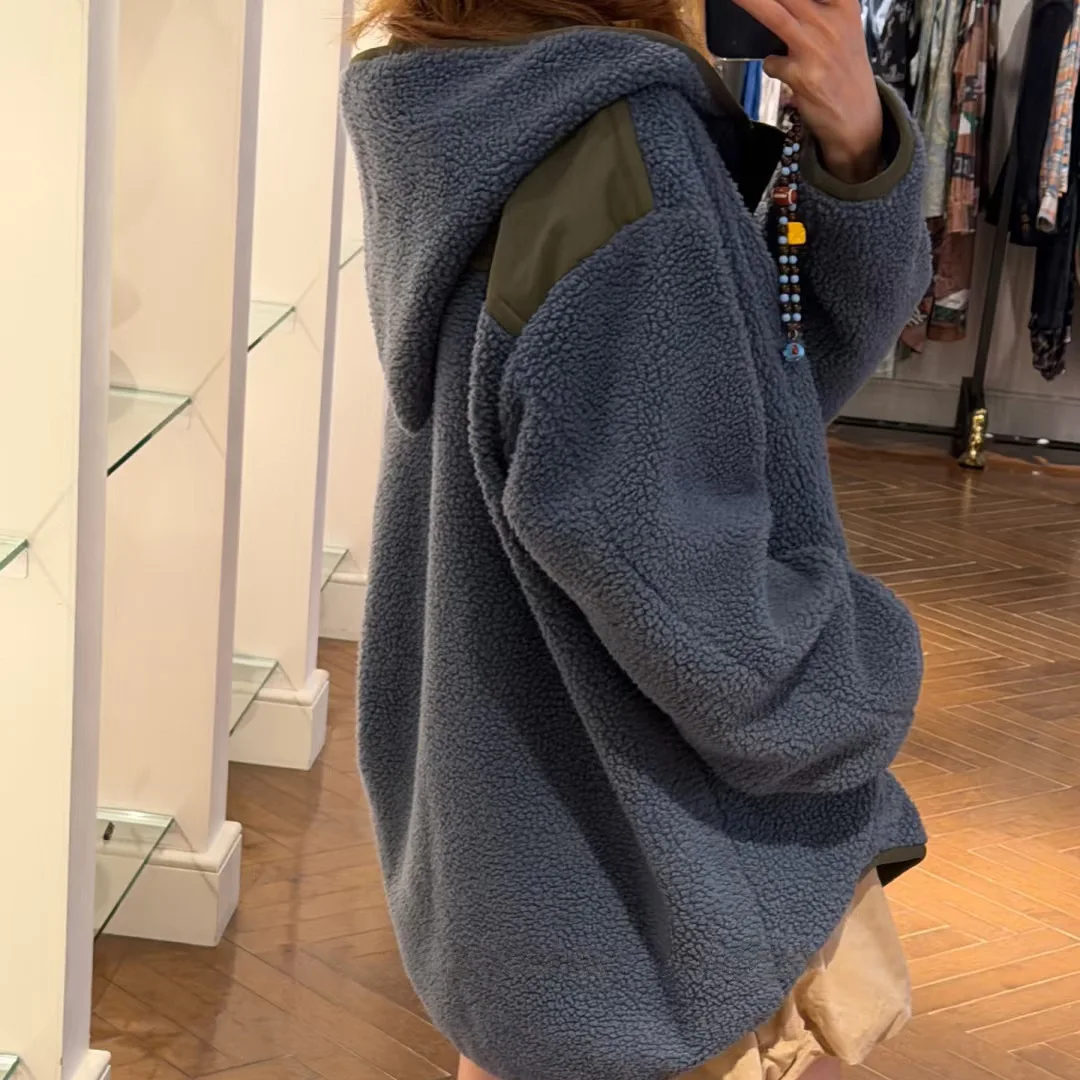 سترة شتوية نسائية جديدة من Saturn بغطاء للرأس من الصوف باللون الأزرق والرمادي الدافئ