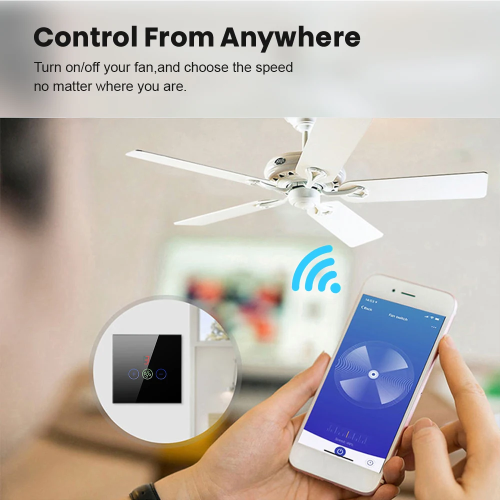 MIUCDA Tuya Wifi Smart Fan Light Switch EU/US Ceiling Fan Lamp Switch Remote Various Speed Control Work With Alexa, Google Home