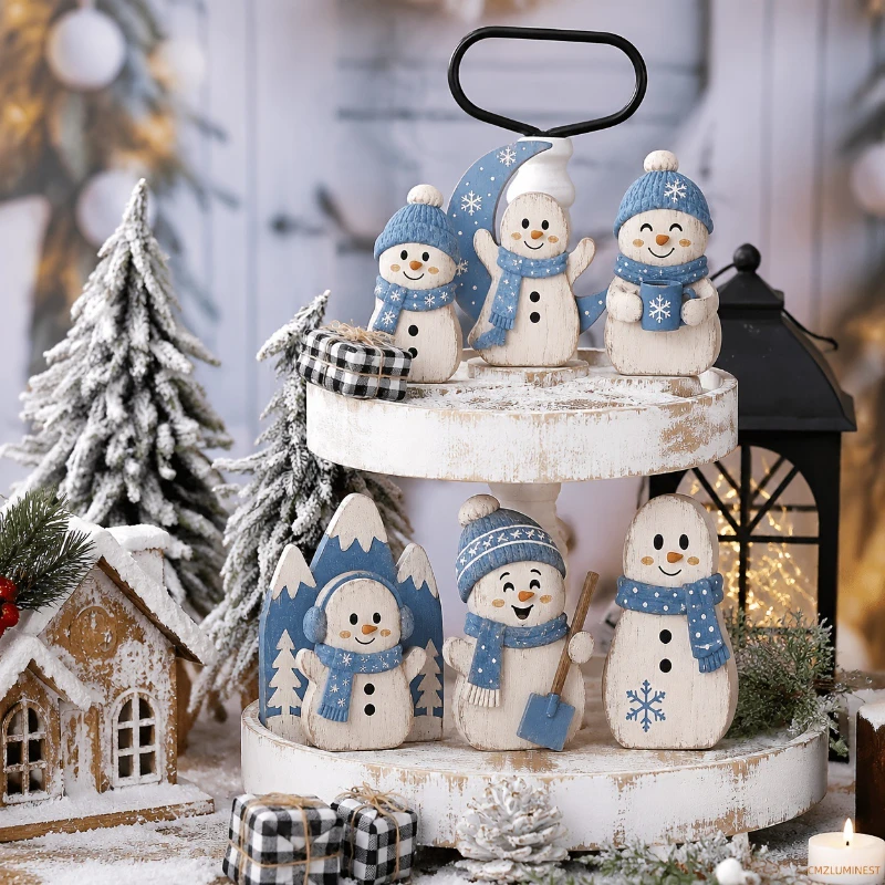 Wooden Snowman Figurine for Winter Christmas Decor – Featuring Moon, Mountains, Pine Trees, and Mug Elements