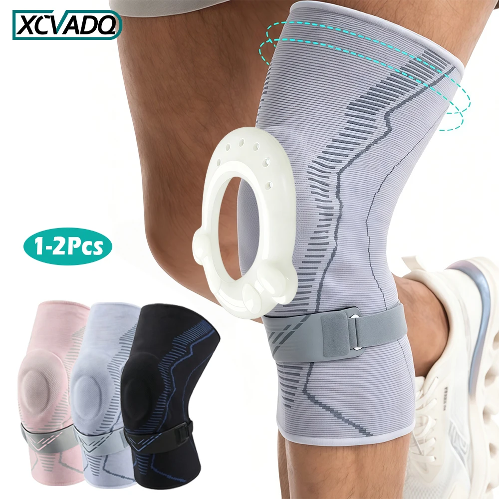 1-2Pcs Knee Compression Support Brace with Patellar Gel Pad & Removable Patella Stabilizing Strap, Sports Running Hiking Cycling