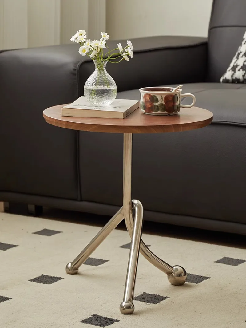 

Retro Solid Wood Stainless Steel Small Round Table Corner A Few Mini Living Room Sofa Side A Few Small Household Units