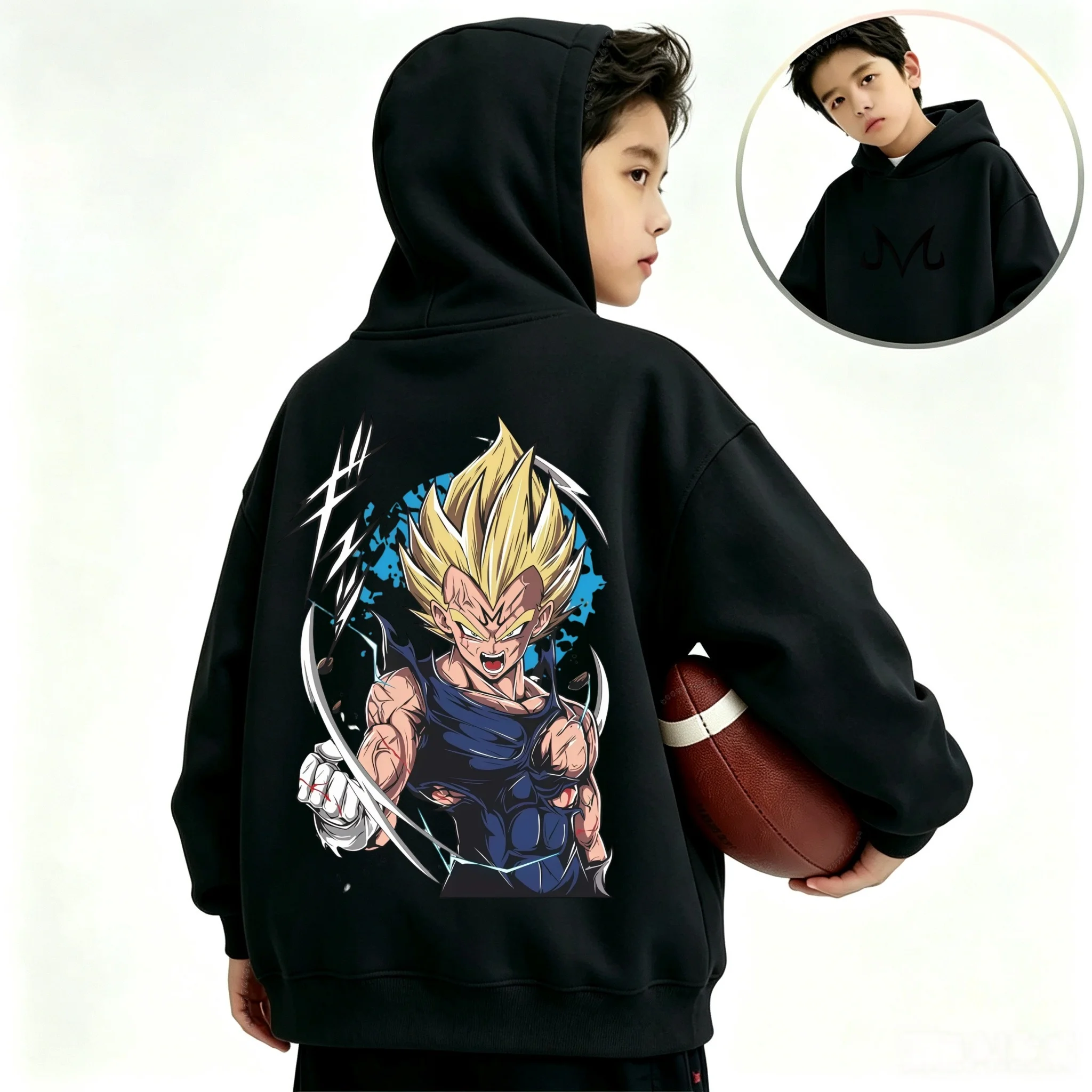 Children Casual Hoodie Symbol Logo On Front Big Anime Majin Vegeta Graphic On Back Loose Pullover Hooded Sweatshirt