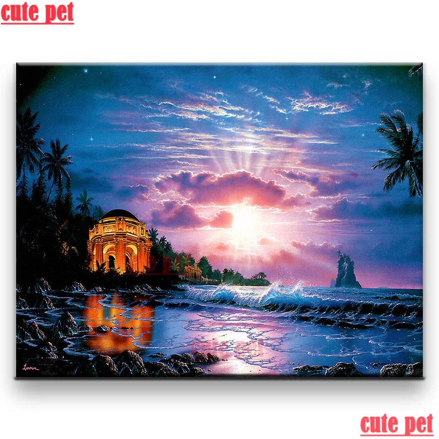 

cute pet handmade diamond painting Sunset seascape cross stitch Mosaic home decorative art painting wallpaper Diamond Embroidery