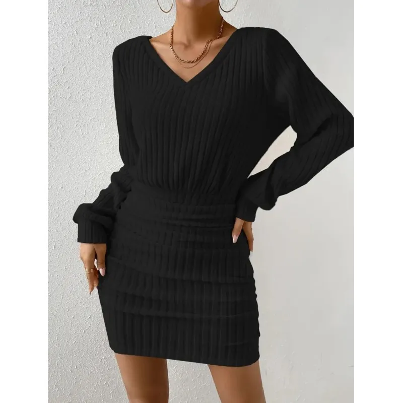 Outono inverno malha mini camisola vestido feminino casual sólido envoltório hip com decote em v manga longa quente bodycon vestidos curtos