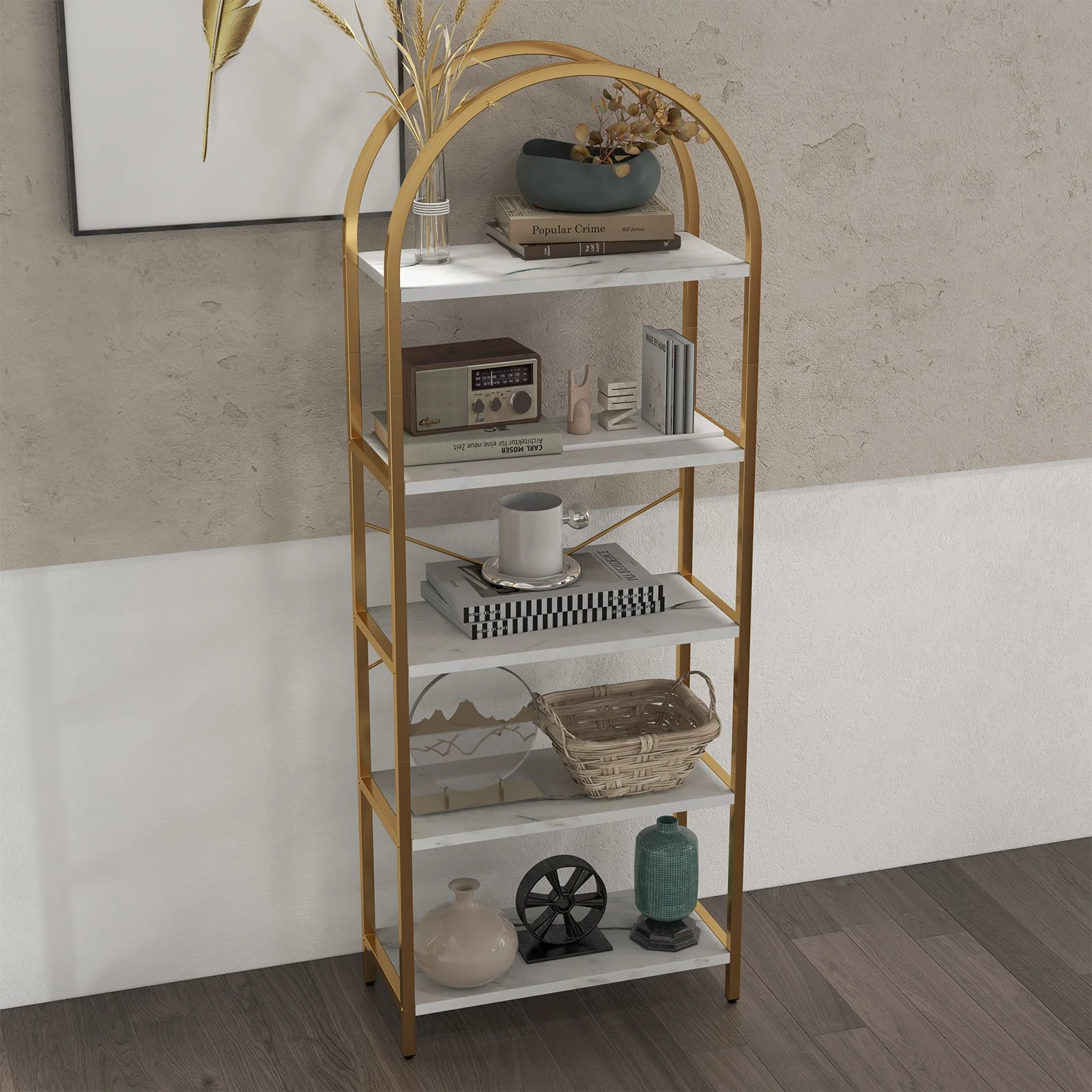 Open Bookshelf, 5-Tier Arched Display Racks, 70.8 Inch Industrial Freestanding Bookshelves with Metal Frame, Tall Storage Rack Organizer for Bedroom Living Room Office Home