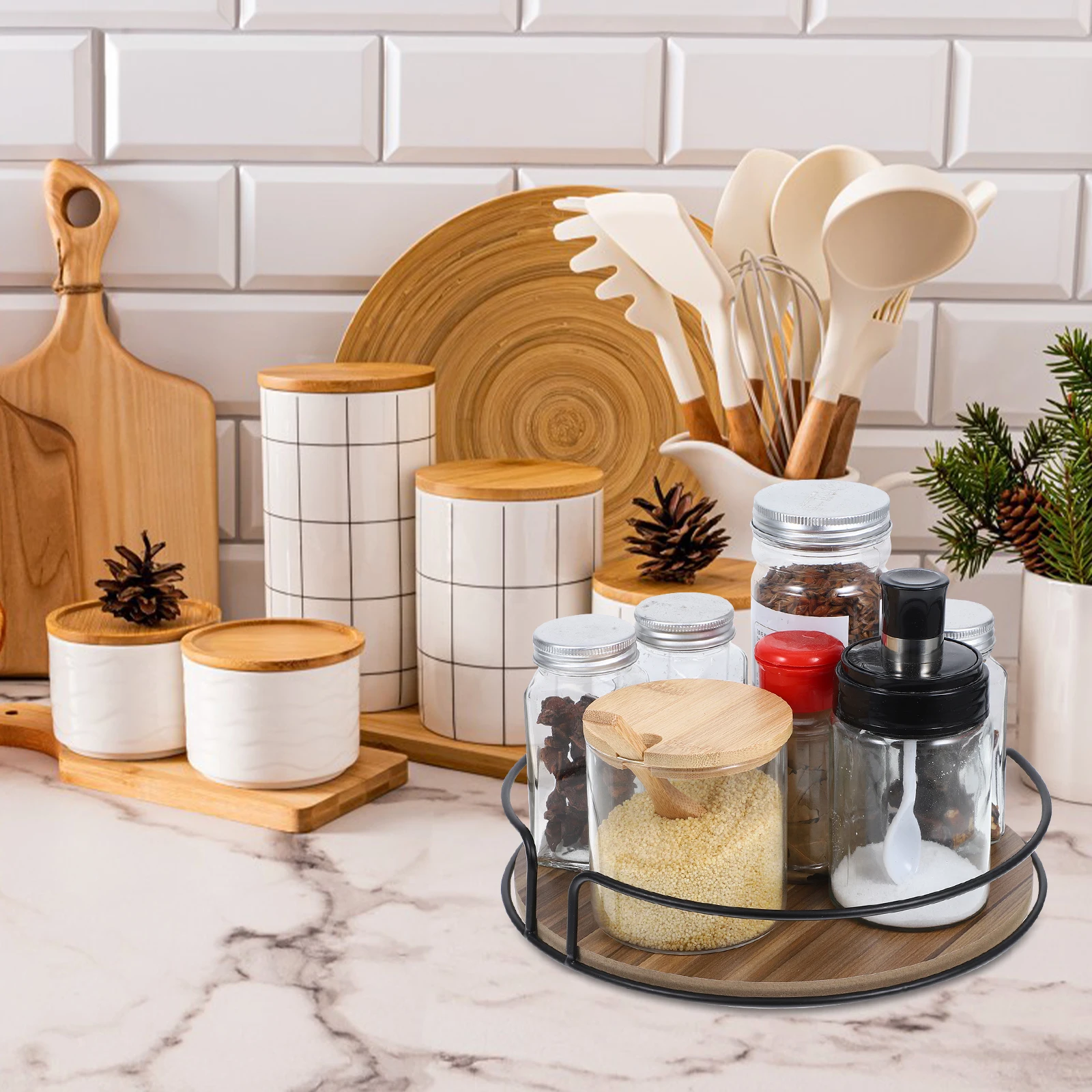 

Rotating Desktop Organizer Wooden Storage Tray Multipurpose Spice Rack Kitchen Bathroom Makeup Condiment Holder Rotatable