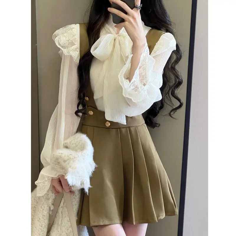 Design Sense Lace Lace Up Long Sleeved Chiffon Shirt with Pleated Shoulder Straps Half Skirt Women\'s New Set