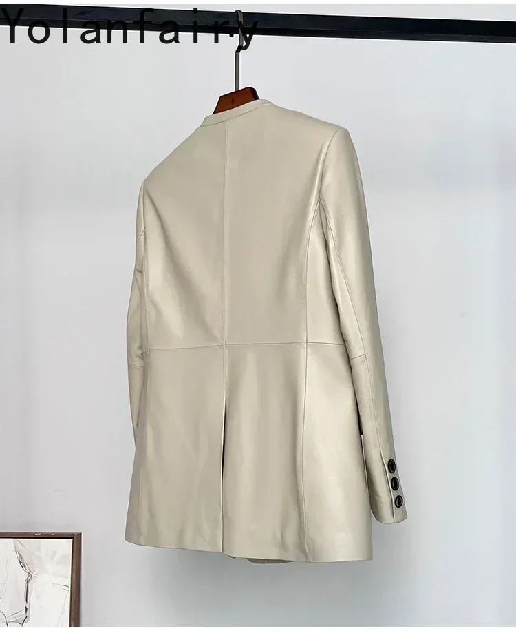 YOLANFAIRY سترة جلدية أصلية بطبقة علوية للنساء لربيع وخريف معاطف من جلد الغنم الحقيقي ملابس نسائية معطف بدلة بدون ياقة على الموضة