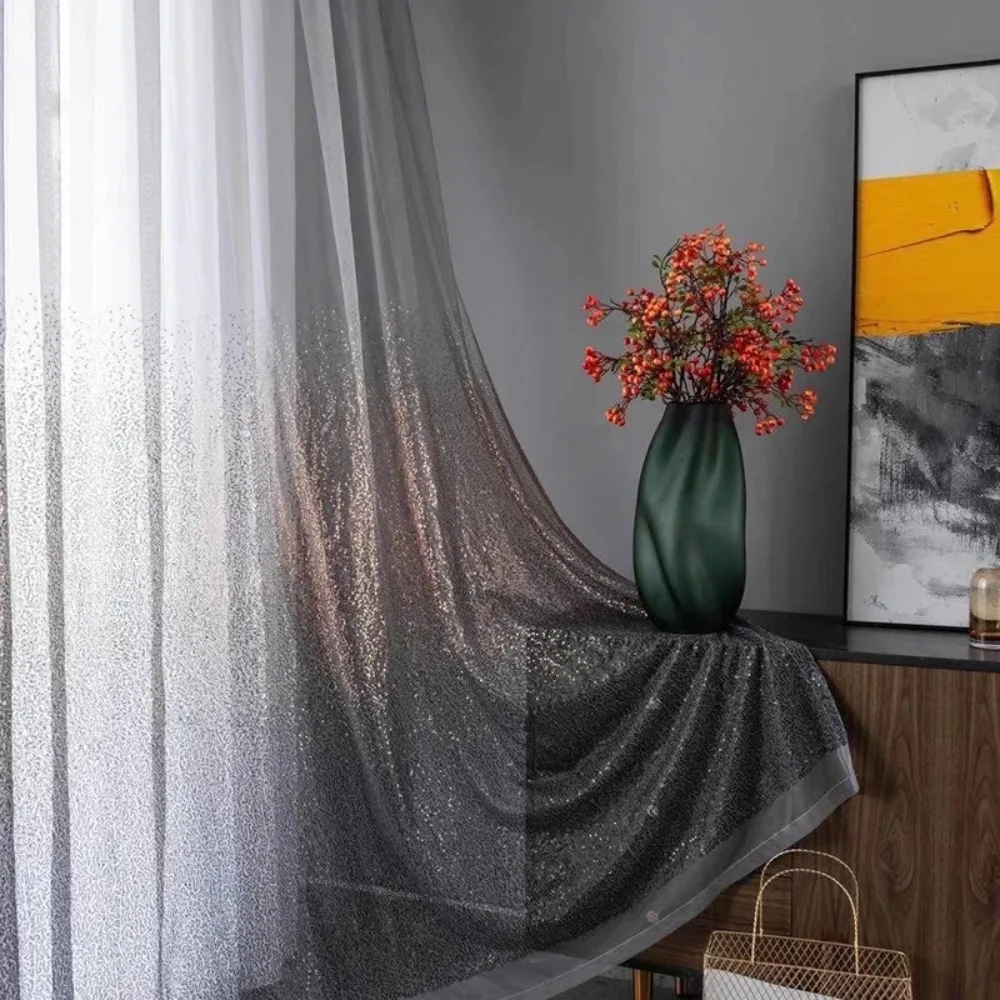Paillette Style Shining Sheer Curtains for Living Room and Bedroom, Voile Lace Tulle, Gradient Style