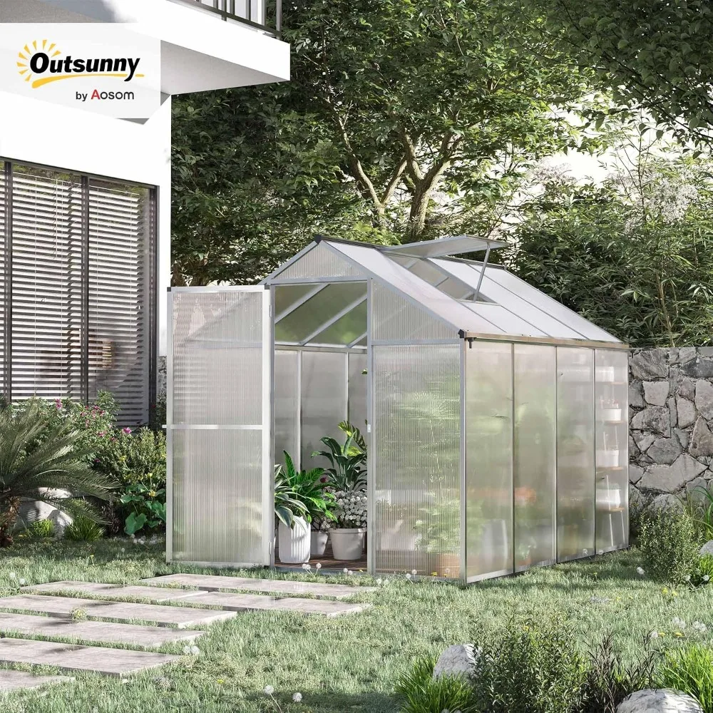 8' x 6' Greenhouse for Outdoors, Polycarbonate Greenhouse with Rain Gutter and Roof Vent, Aluminum Walk-in Green Houses, Custom