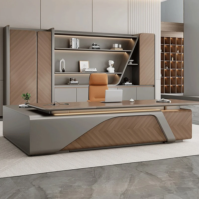 Boss Table Office Desk Simple Modern PVC Long-shaped Combination Side Cabinet Light Luxury President High-end Office