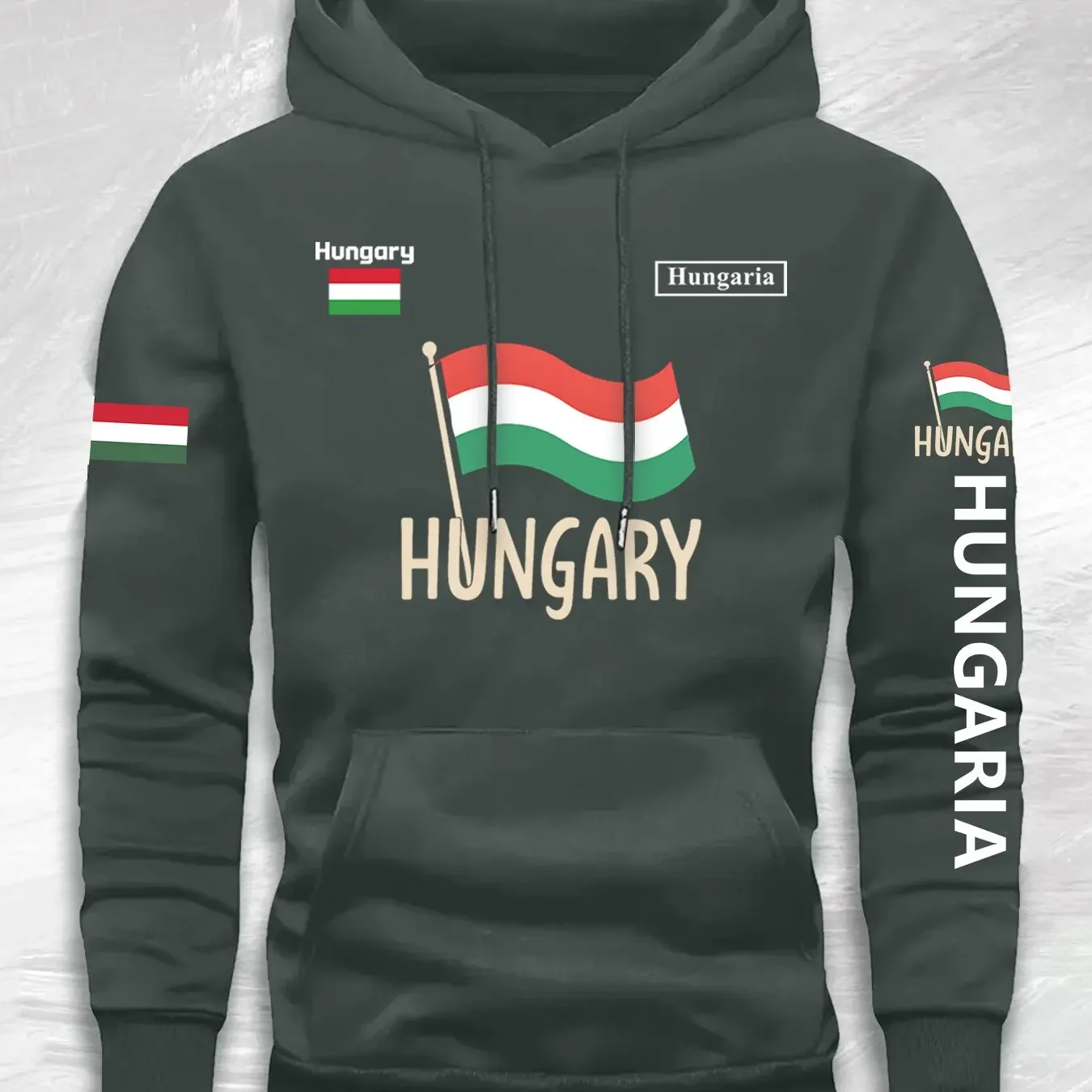 Men's Hungary Flag Hooded Sweatshirt with Hungarian Text & National Emblem - Dark Green Winter Pullover Front Pocket