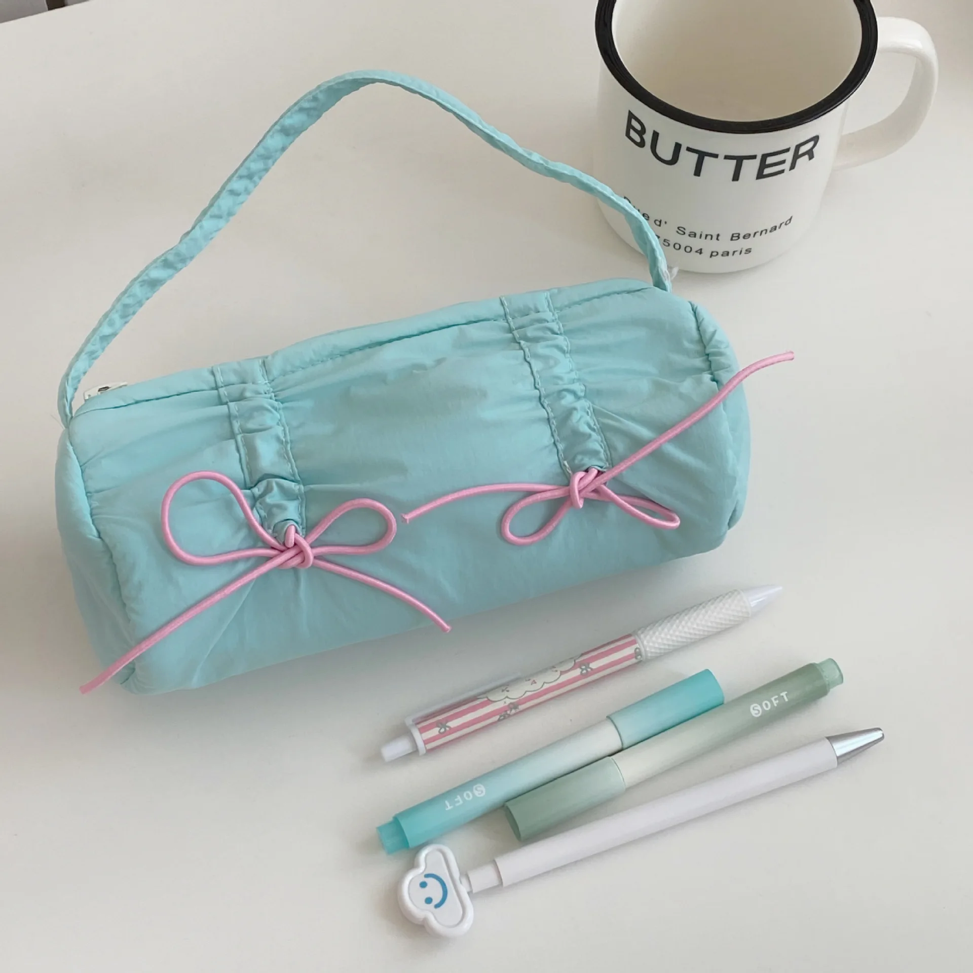 Korean Macaron Bow Pen Case Large Capacity Aesthetic School Stationery Organizer Hand Carry Pencil Bag for Girls Student Gift