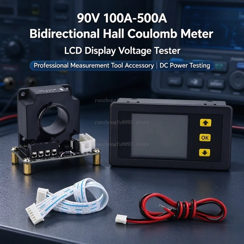 90V 100A-500A Bidirectional Hall Coulomb Meter, LCD Display Voltage Tester, Measurement Tool Accessory for DC Power Testing Use