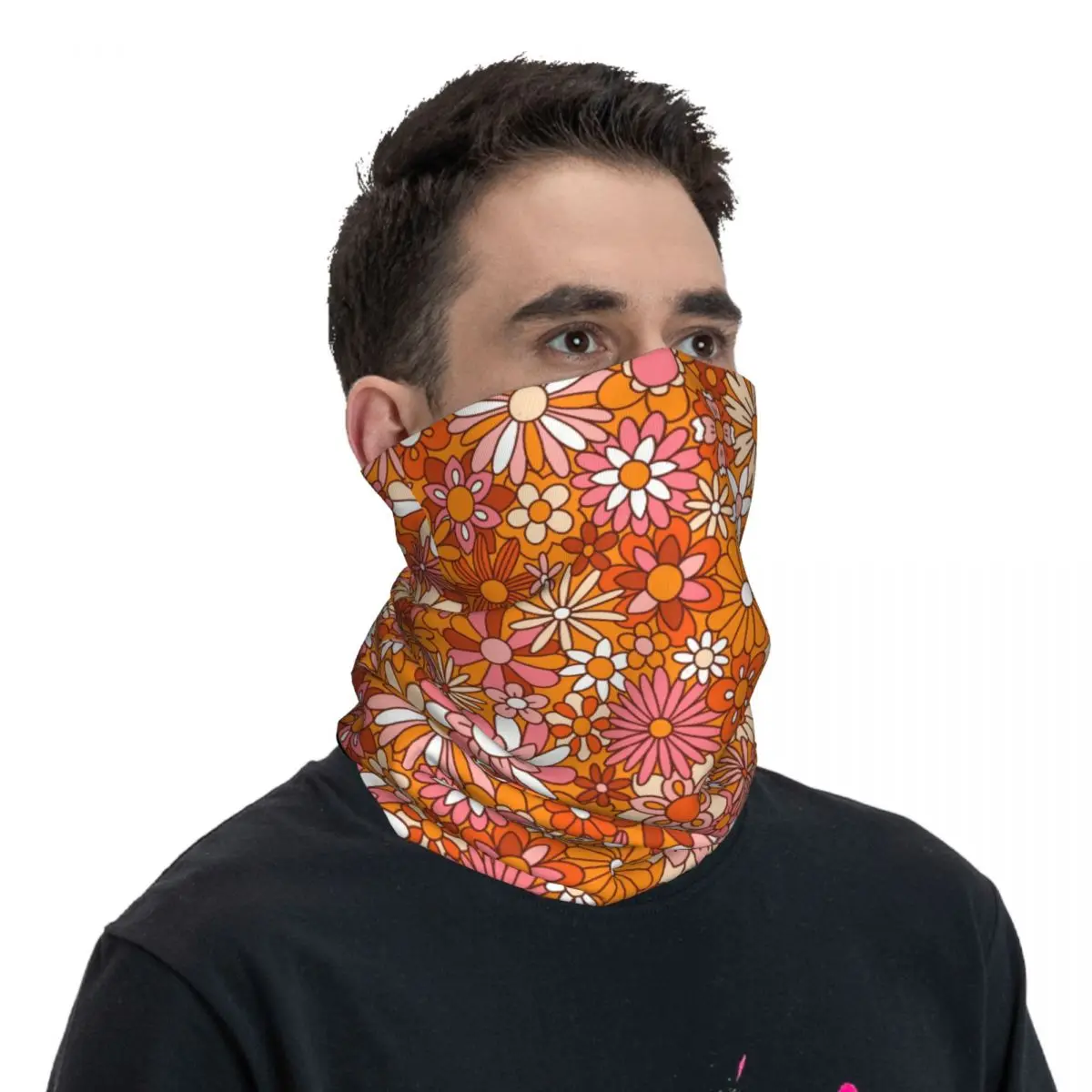 Copri collo bandana con fiori arancioni e rosa Sciarpa per il viso stampata Sciarpa da ciclismo multifunzione Sport all'aria aperta per uomo Lavabile per adulti