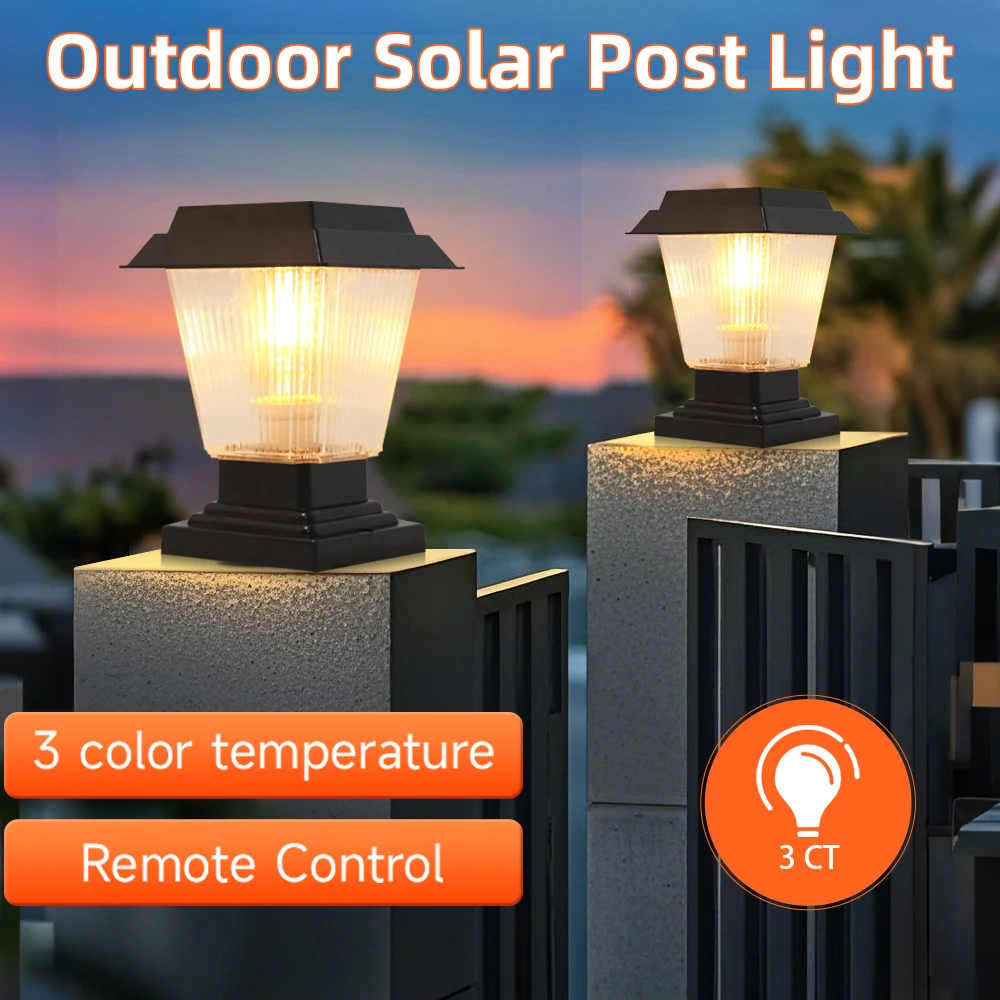 Solar Lamp Remote Control Waterproof Solar Post Light Outdoor Timed Solar Pillar Lights LED Post Light for Garden Patio Decor