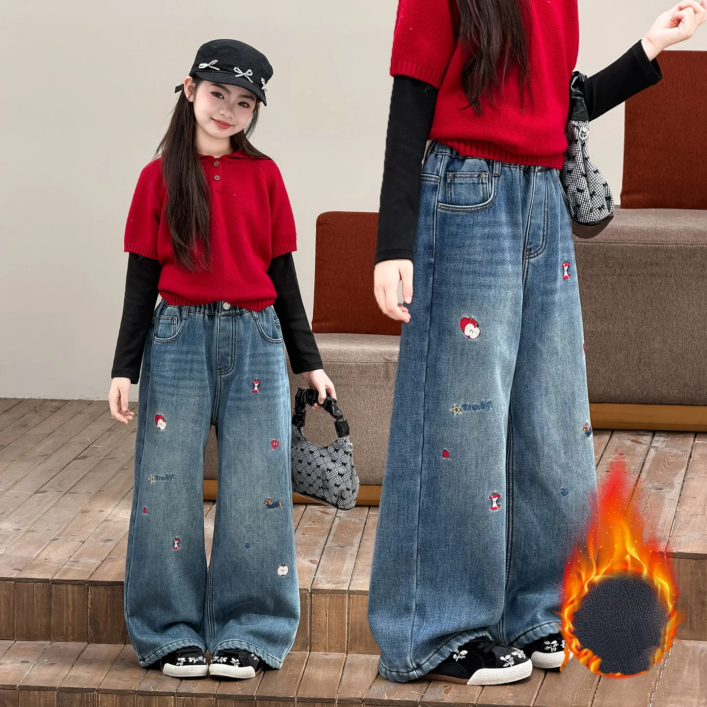 Children Insulated Jeans with Embroidery for Girls Fashion Winter Warm Denim Pants Kids Fleece Lined Jeans Trousers for 4-15 Yrs