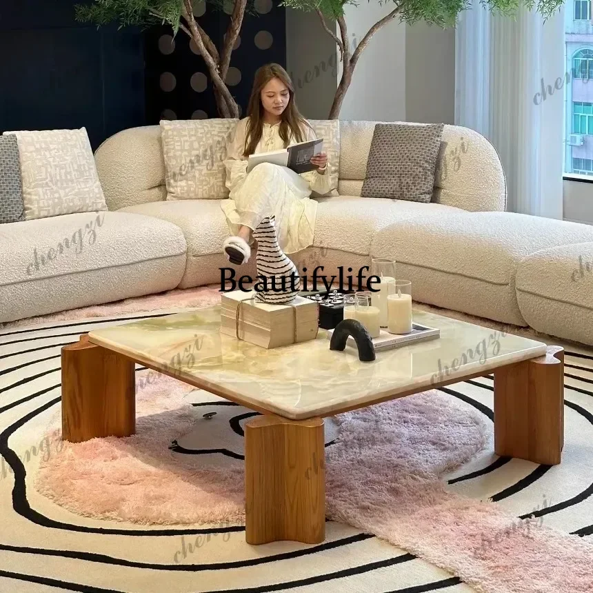 DD Celadon Green Marble & Solid Wood Square Table, Nordic Wabi-Sabi Minimalist Design, Heat&Scratch Resistant, Artisan, Customiz