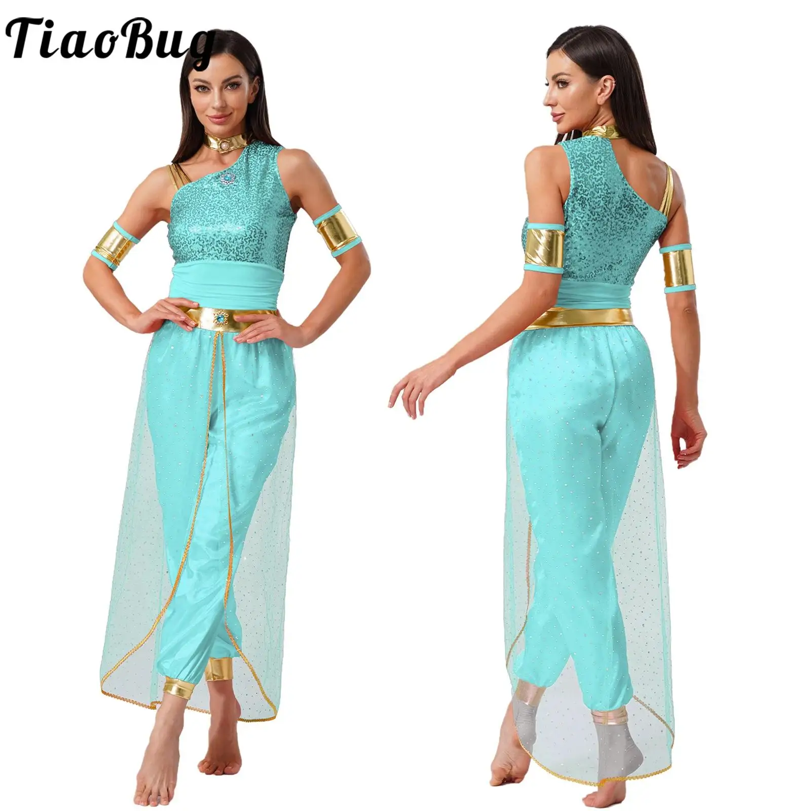 

Women Halloween Arabic Egyptian Indian Cosplay Jumpsuits Gem Decor Shiny Tulle Overlay Jumpsuit with Sleeves for Carnival Party