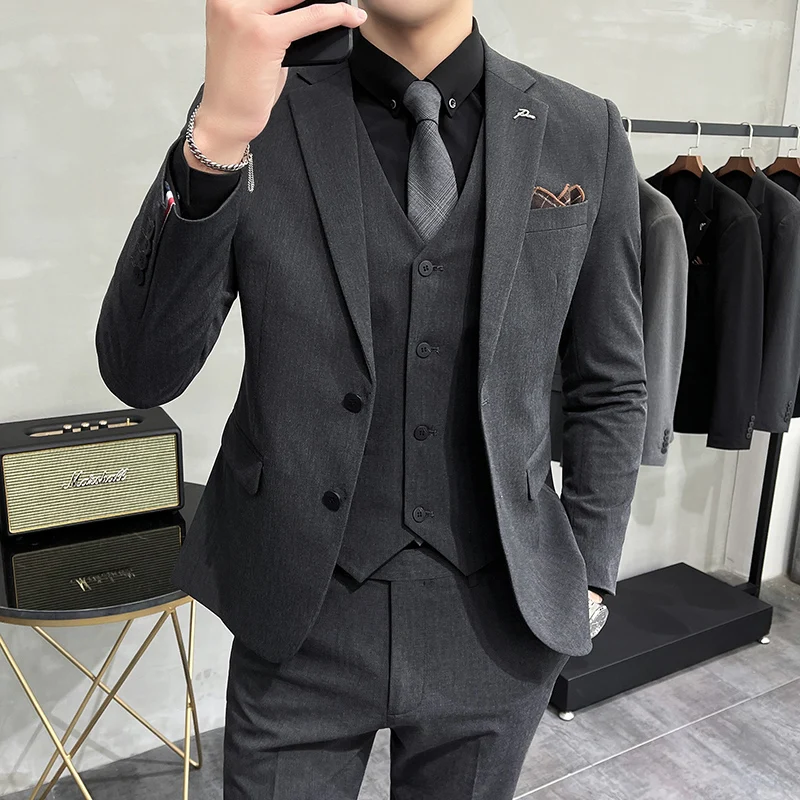 Plus Size S-7XL Man Korean Slim Fit Custom Groom Business Casual Tuxedo Blazers Vest Pant Casual Wedding Social Tuxedo Dress