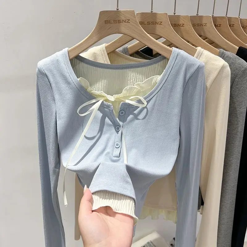 Mint Manbo Fake Two Piece Bow Round Neck Bottom Solid Color Shirt for Women New Interior Small Shirt Top Long Sleeve T-shirt Top