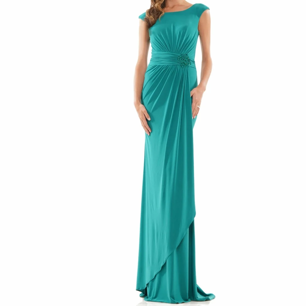 

Crew neck Backless Straight Cap Sleeve Appliques Floor Length Sleeveless Zipper Back Pleats Sweep Train Elegant Evening Dress