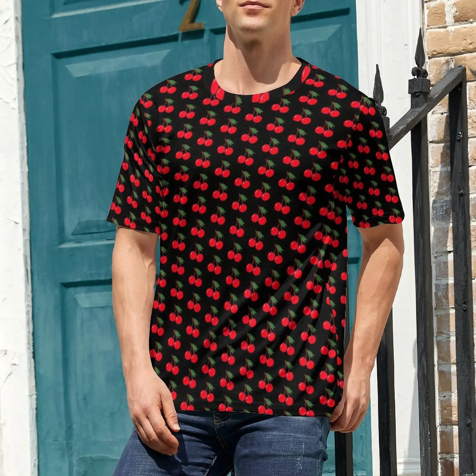 Oversized T-Shirt Premium Red Cherries T-Shirts Fruits Print Funny Crewneck Tee Shirt Men Retro Graphic Top Tees