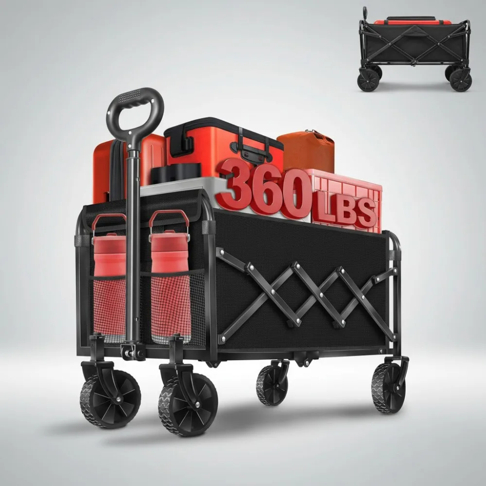 

Foldable Wagon Cart 360 Lbs Capacity Lightweight Portable for Camping Shopping Travel Gardening with Drink Holders