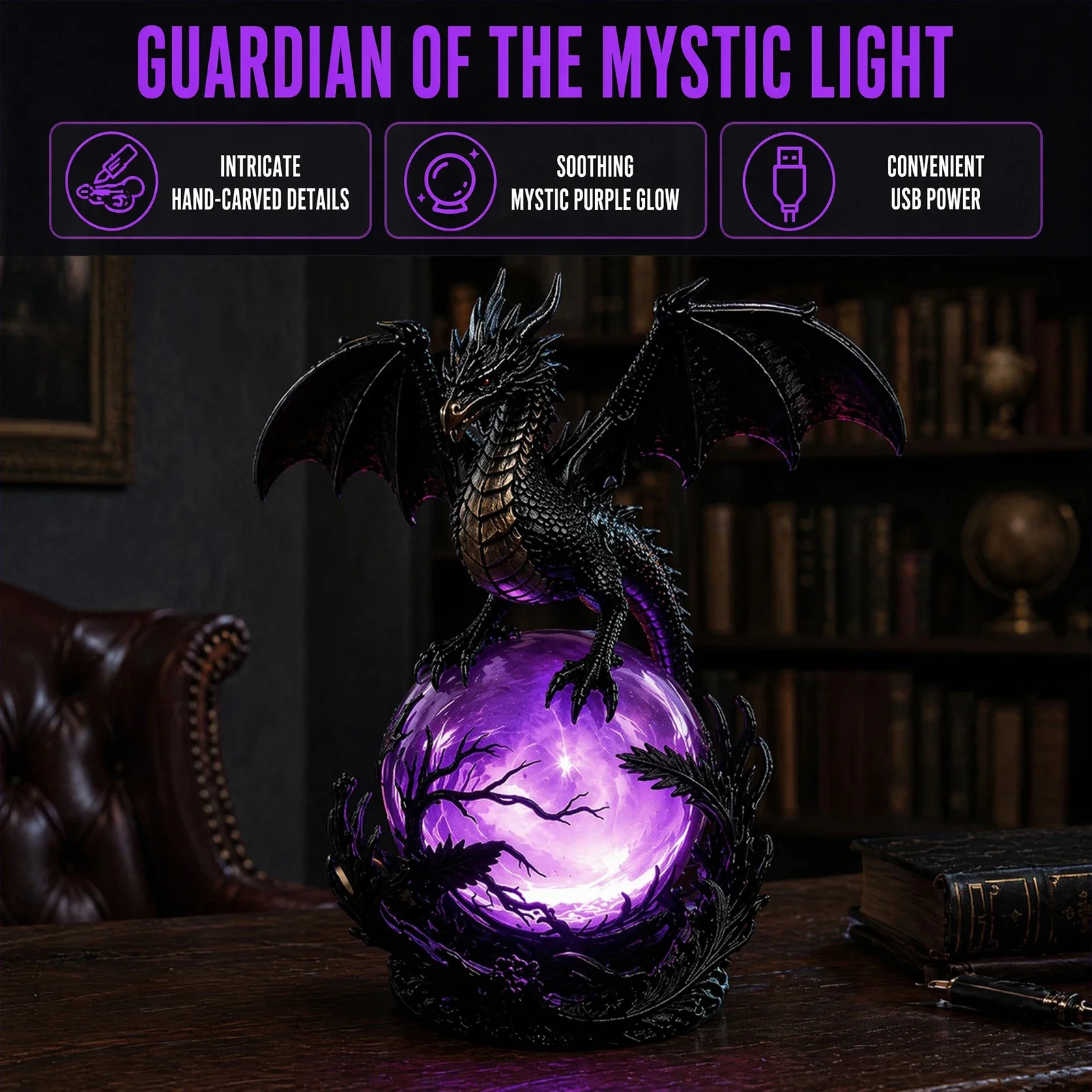 Gothic Dragon LED Crystal Ball Lamp Multifunctional Witchy Table Lamp Built-In Light Spooky Night Decor for Indoor Bedroom Decor