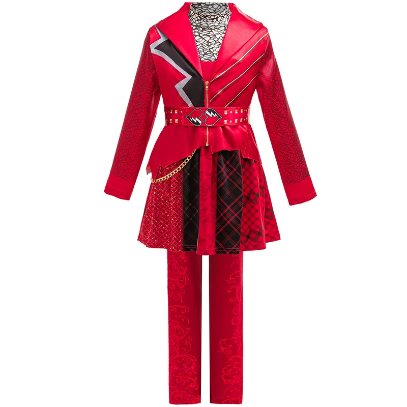 Kids Red Costume The Rise of Red Cosplay Outfit Girls Queen Of Hearts Full Set Jacket Dress Pants Belt Halloween Party Fancy Set