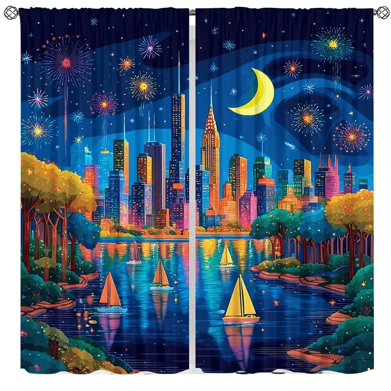 Nighttime cityscape curtains, installed using pocket rod method, suitable for bedrooms, living rooms, balconies, and decoration