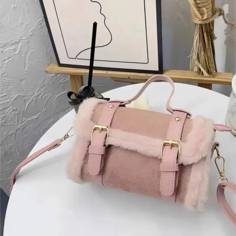 Sweet Cute Pink Handbag Women Studded Fuzzy Trim Large Capacity Shoulder Bags Ladies Gentle Fashion Niche Design Crossbody Bag
