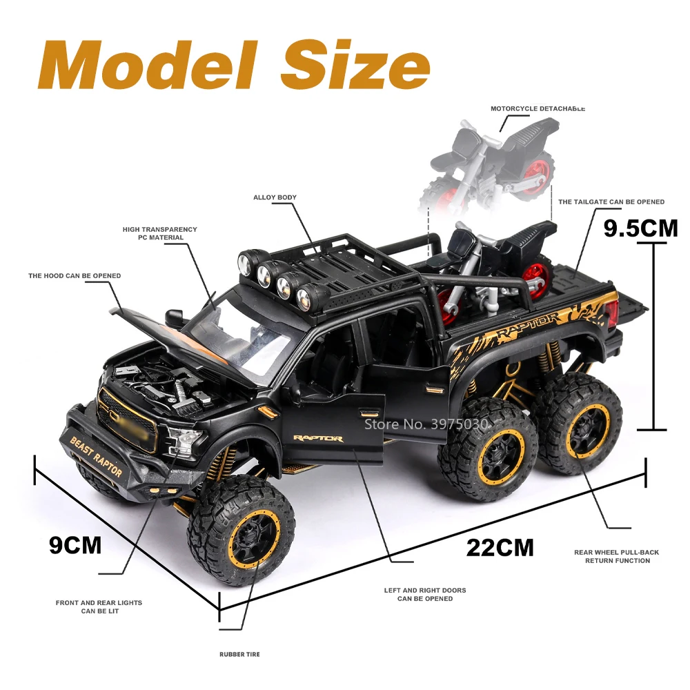 1/28 Scale Raptor F150 Pickup Big Wheels Car Model Toy Alloy Diecast Metal Monster Truck Car Offroad Vehicle for Kids Collection