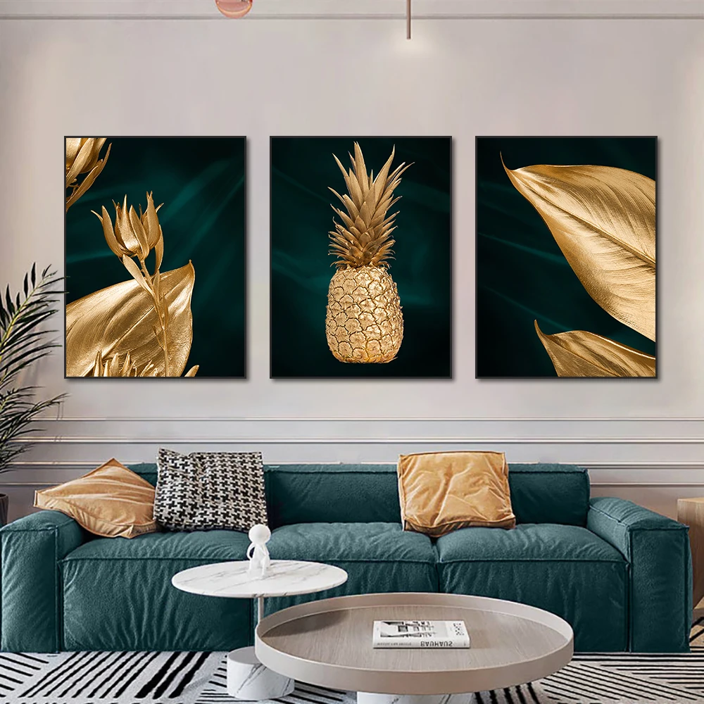 

Abstract Golden Pineapple Canvas Painting Modern Nordic Golden Leaves Posters And Prints Wall Picture For Home Decor