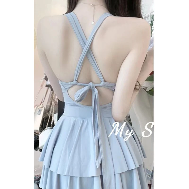 Women's Sexy Lace-up Ruffle One Piece Swimsuit Elegant Sweet V Neck Sleeveless Swimwear Fairy Solid Slim Vacation Beach Dresses