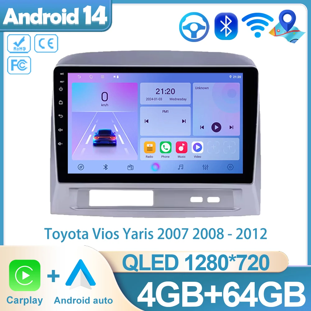 

Головное устройство Android 14 для Toyota Vios 2004-2007 Мультимедийный плеер Carplay Авто Радио WIFI GPS Навигация Стерео Без 2Din DVD BT