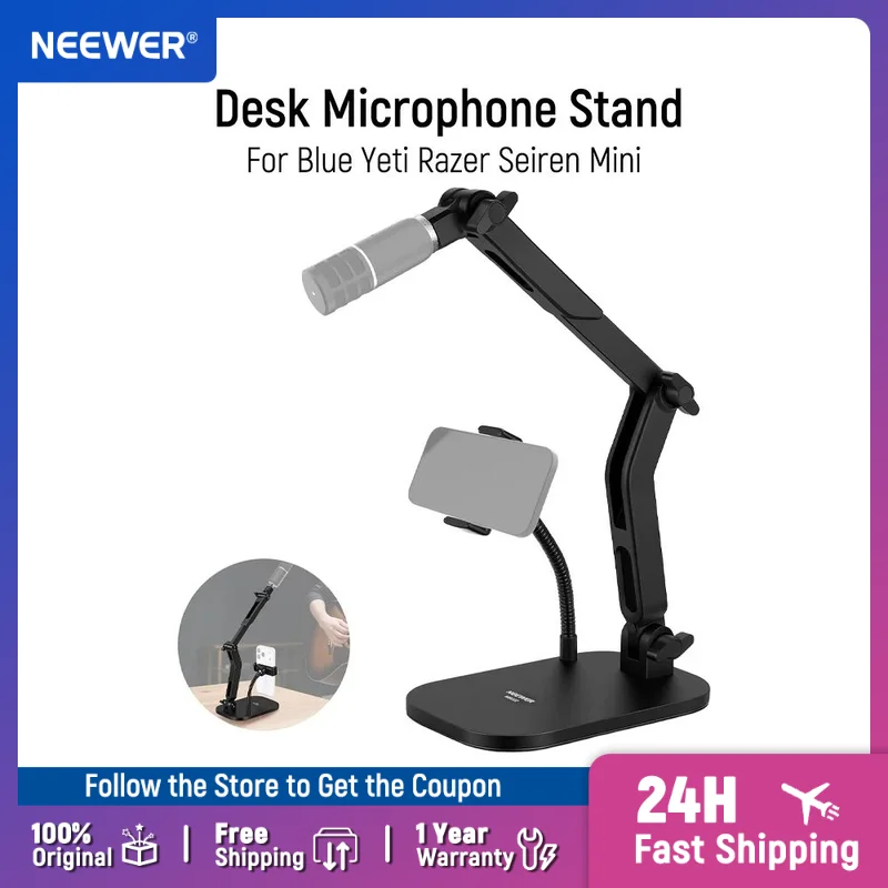 NEEWER Desk Microphone Stand with Phone Clamp & Flexible Arm Adjustable Mic Holder Mount for Blue Yeti Razer Seiren Mini