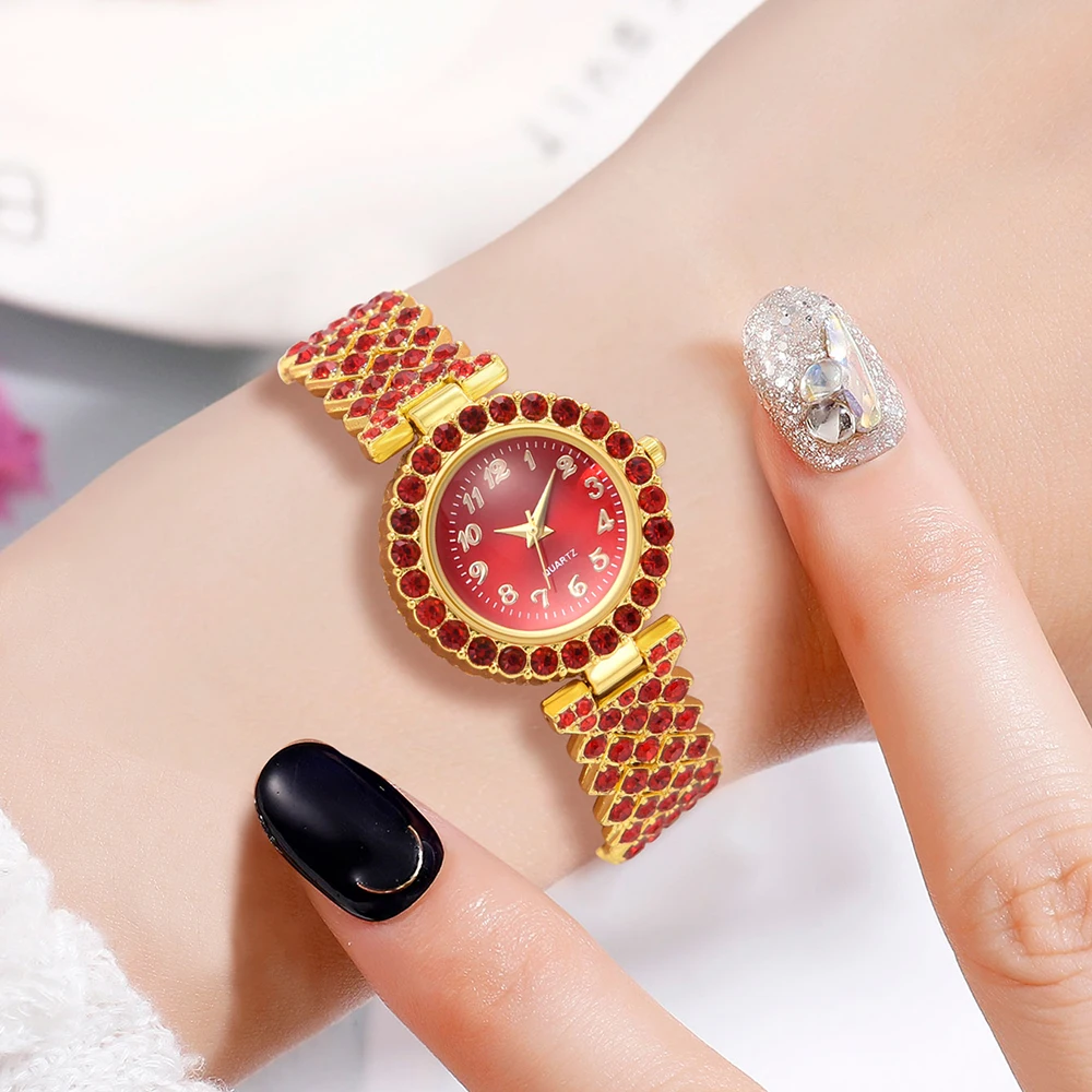 6PCS/Set Women's Red Alloy Watch Strap Fashionable Rhinestone Quartz Watch Necklace Earrings Jewelry Set