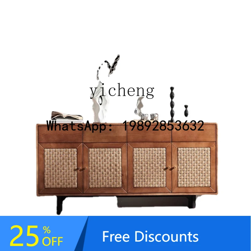 Solid Wood Dining Side Tea Cabinet Meal Storage Cabinet Rattan Living Room Entrance Entrance Cabinet