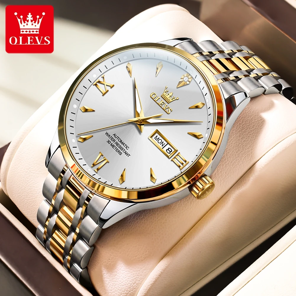 OLEVS Mechanical Watch for Men Luxury Stainless Steel Week Date Dial Waterproof HD Luminous Fashion Business Men\'s Wristwatches