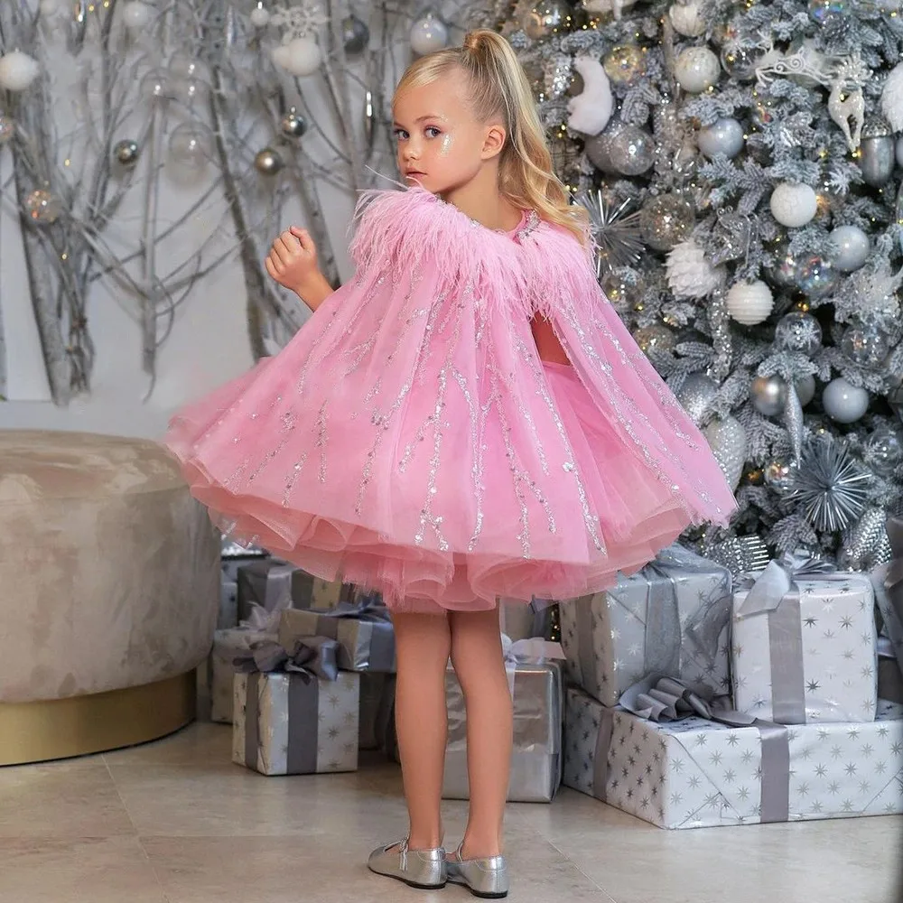 Pink Shining Flower Girl Dress For Wedding Sequin Puffy Tulle Feather Cloak Mini Princess Pageant Kids Birthday Party Ball Gown