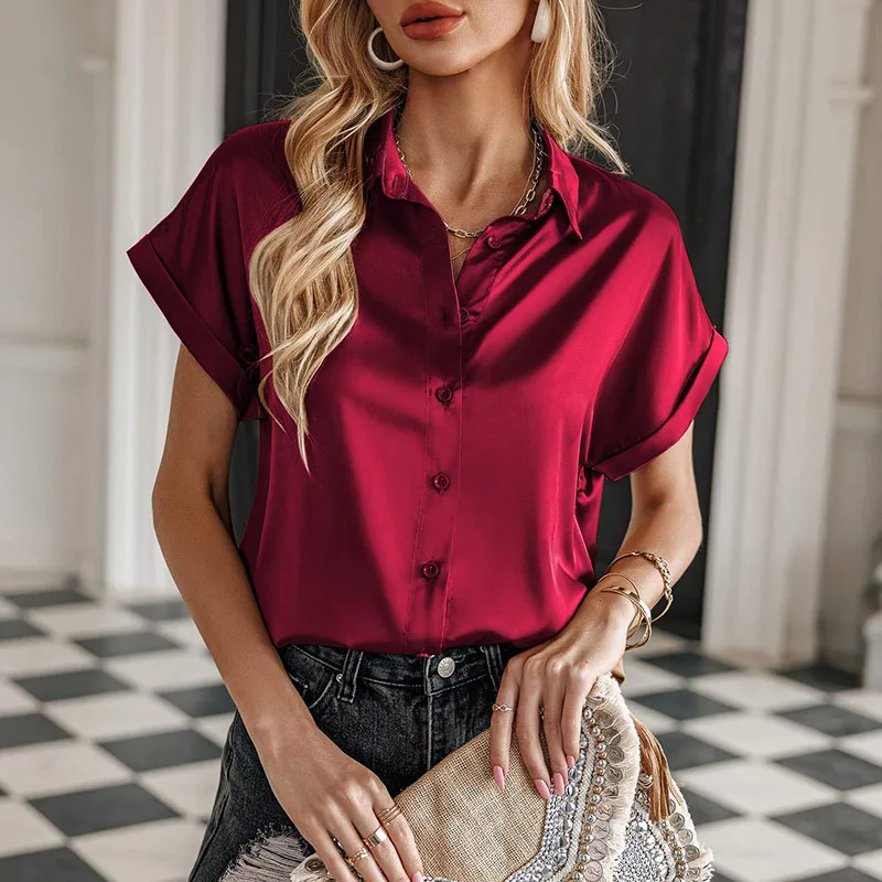 Summer Women\'s Blouses Elegant Satin Silk Shirts Short Sleeve Tops Fashion Buttons Office Lady Blouses Loose Women\'s Clothing