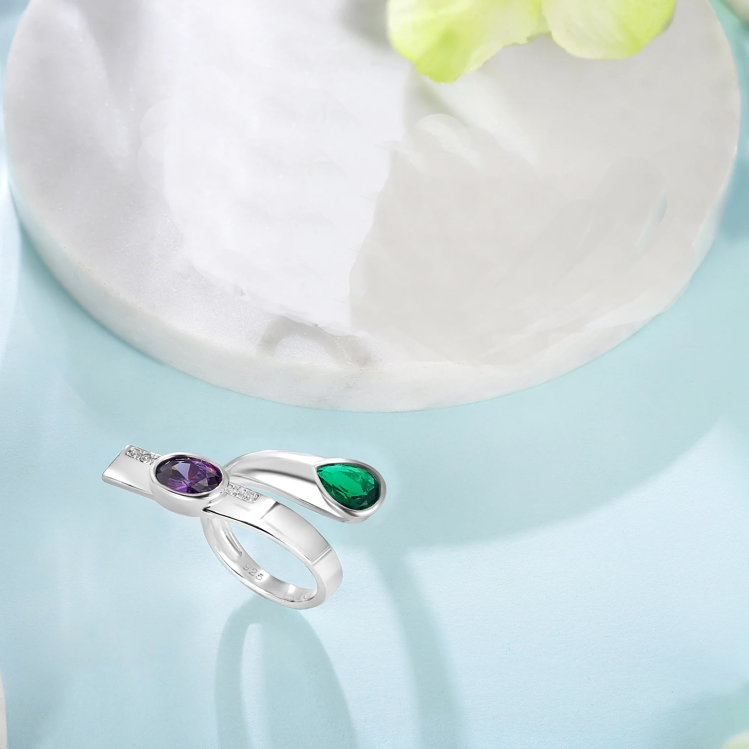 LAYA 925 Sterling Silver Shining Zircon Synthetic Purple&Green Crystal Irregular Large Finger Ring For Men Women Fashion Jewelry