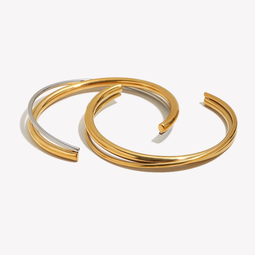 Trendy 2 Tones Cross Double Line Cuff Bangles Bracelets For Woman Stainless Steel 18K Gold Plated Arm Bangle Jewelry