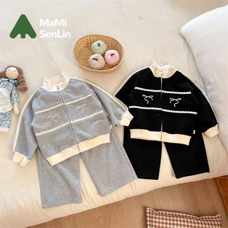 Spring Girls Sets Children Autumn Bow Fashion Suits Baby New Solid Colour Jackets+Pants Outfits Kids Casual Clothing 2-14Y