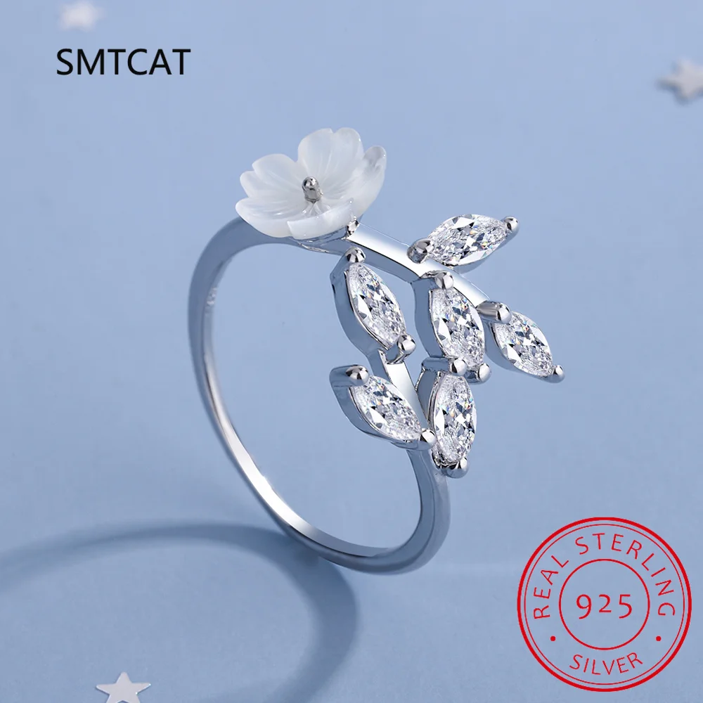 Exquisite Shell Pearl Thin Flower Ring Real 925 Sterling Silver Opening Size Stackable Finger Rings For Women Jewelry J6164