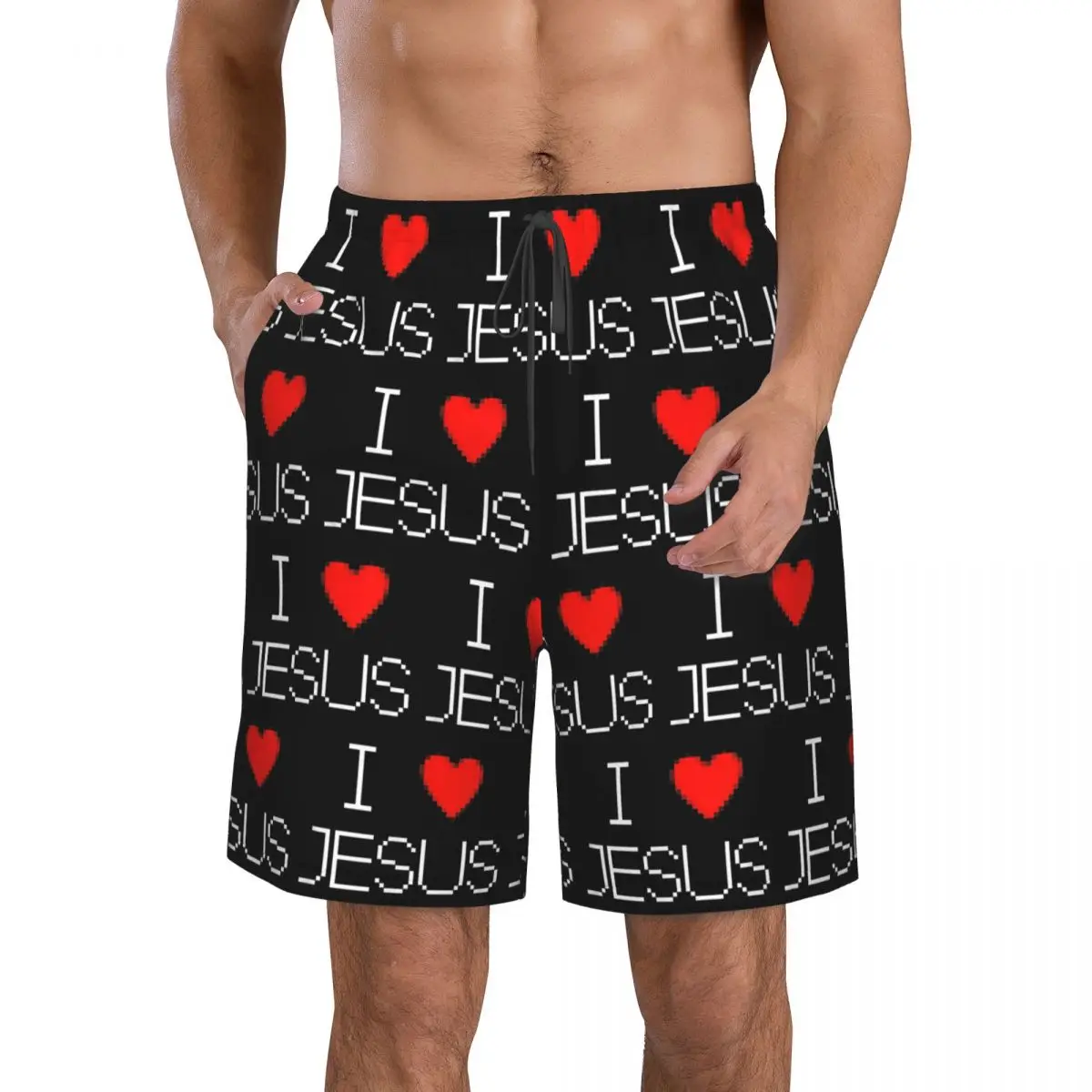 I Love Jesus God Cross Print Trunks Beach Board Shorts Casual Quick Dry Swim Summer Men Pants