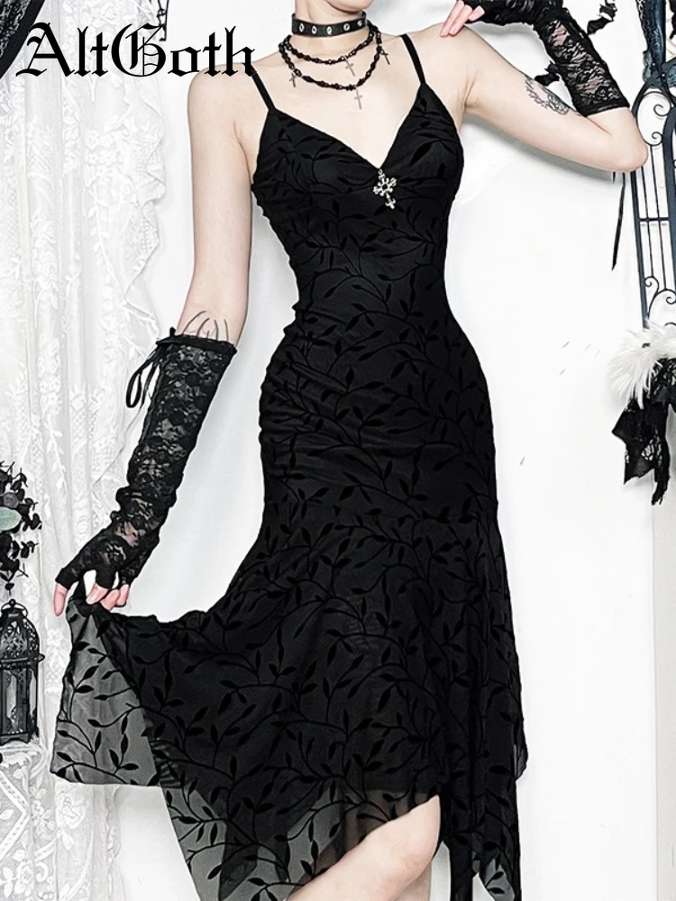 AltGoth Fairycore Grunge Gothic Flocking Dress Women Dark Vintage Elegant Spaghetti Strap High Waist Irregular Hem Dress Female